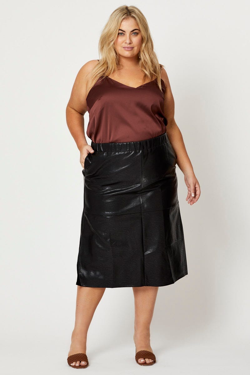 Black Midi Skirt Faux Leather For Women By You And All