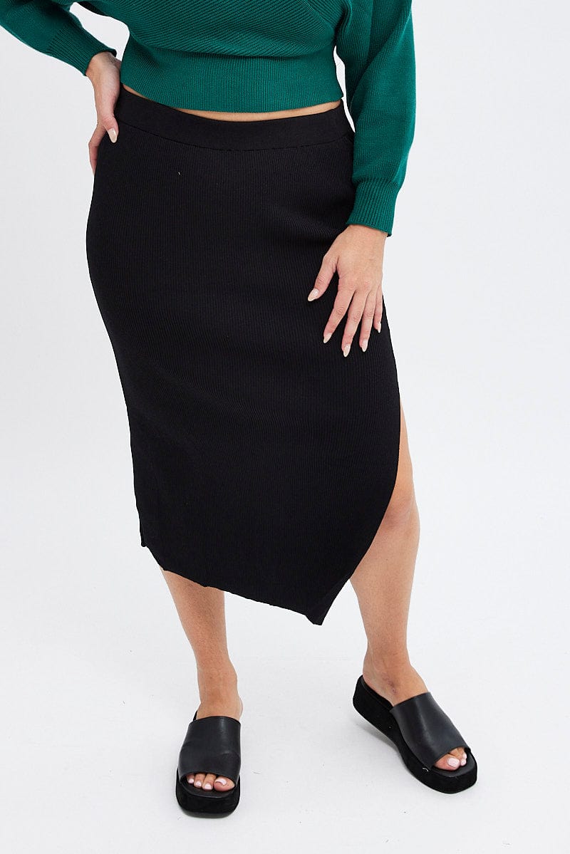 Black Knit Skirt Midi Side Split for YouandAll Fashion