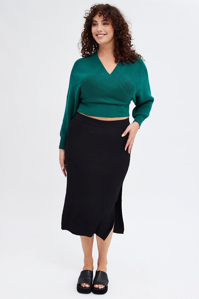 Black Knit Skirt Midi Side Split for YouandAll Fashion