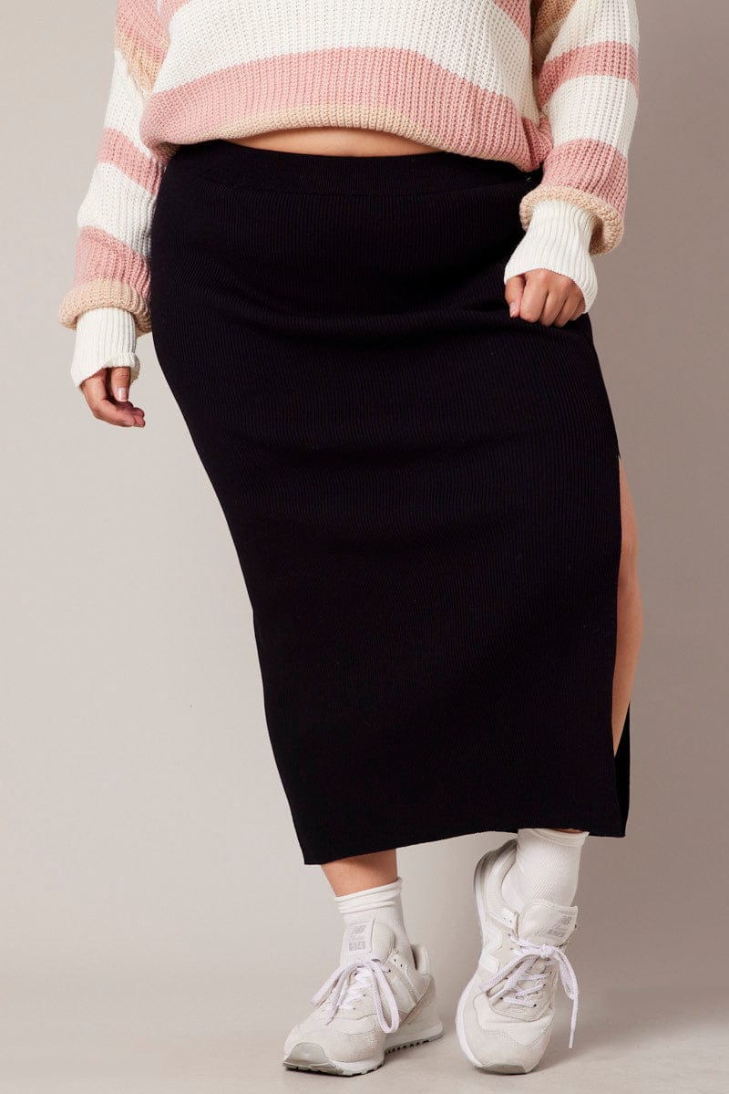 Black Rib Knit One Split Skirt for YouandAll Fashion