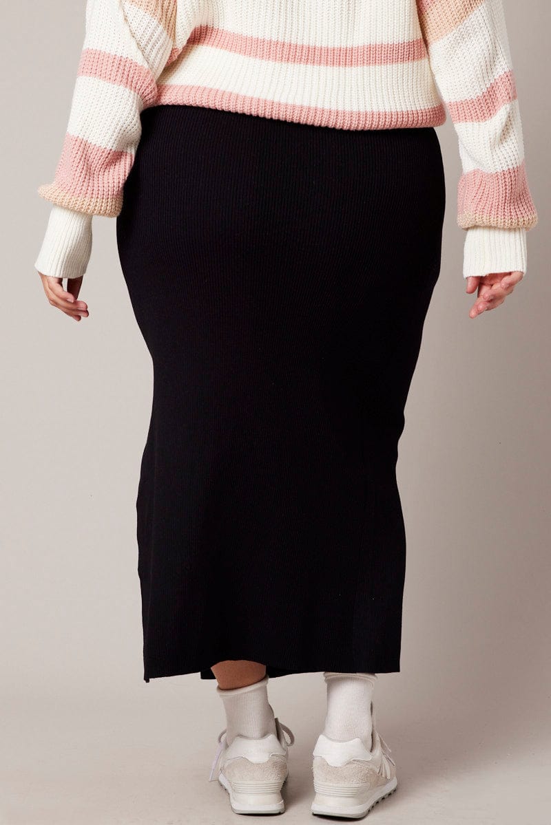 Black Rib Knit One Split Skirt for YouandAll Fashion