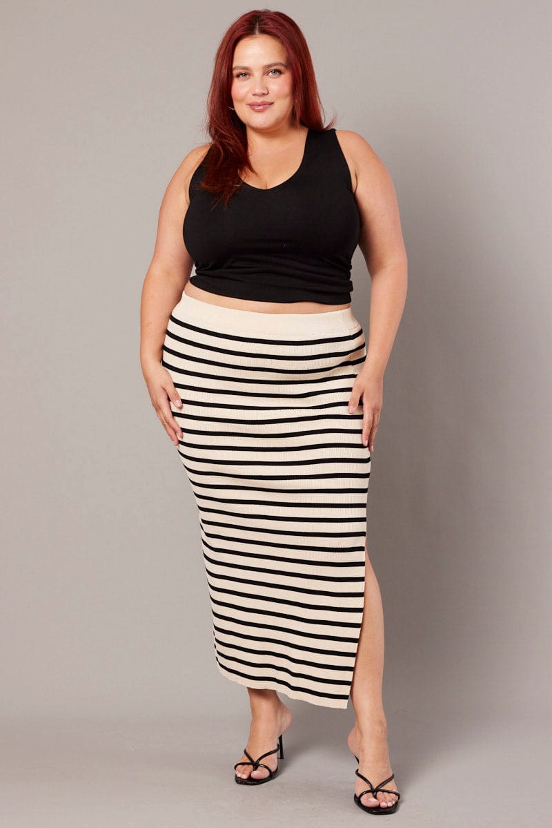 Black Stripe Rib Knit One Split Skirt for YouandAll Fashion