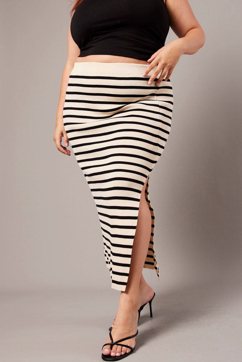 Black Stripe Rib Knit One Split Skirt for YouandAll Fashion