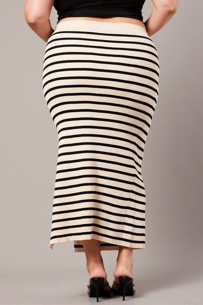 Black Stripe Rib Knit One Split Skirt for YouandAll Fashion