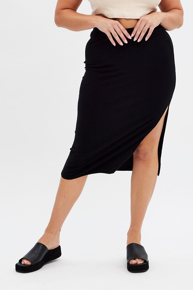 Black Rib Midi Skirt Drawstring Ruched You All