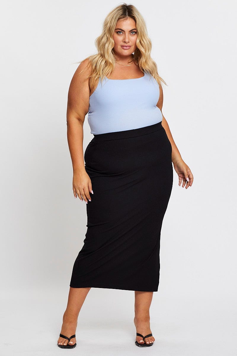 Black High Waist Side Slit Rib Jersey Midi Skirt For Women By You And All