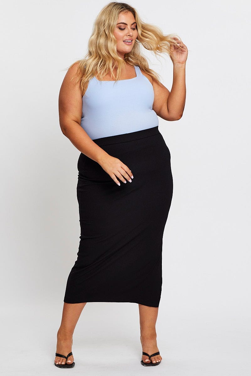 Black High Waist Side Slit Rib Jersey Midi Skirt For Women By You And All