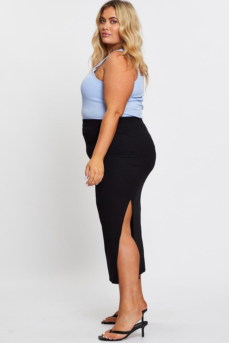 Black High Waist Side Slit Rib Jersey Midi Skirt For Women By You And All