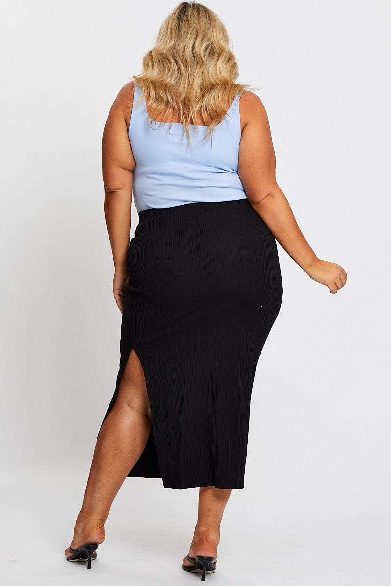 Black High Waist Side Slit Rib Jersey Midi Skirt For Women By You And All