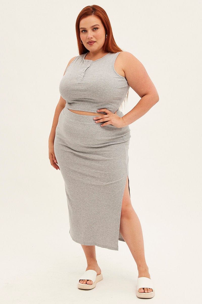 Grey Midi Skirt Rib Elastic Waist Bodycon for YouandAll Fashion