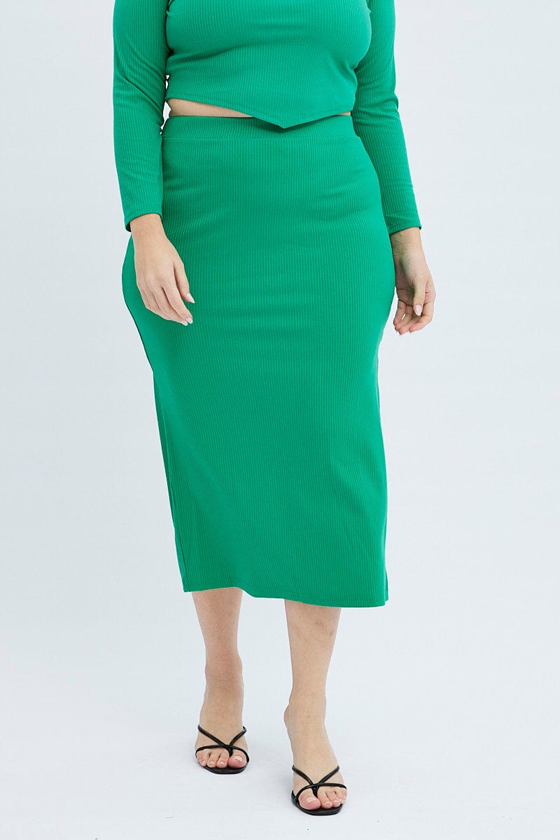 Green Midi Skirt Rib Jersey Bodycon for YouandAll Fashion
