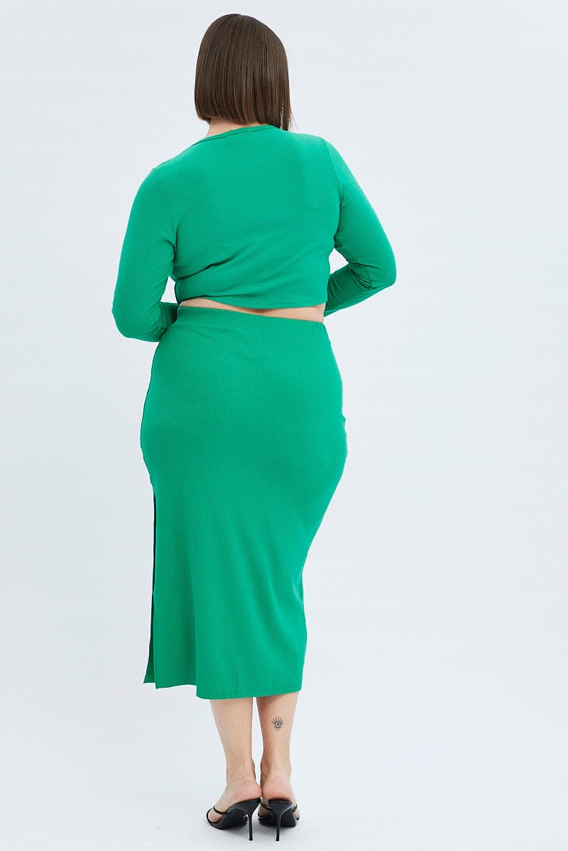 Green Midi Skirt Rib Jersey Bodycon for YouandAll Fashion