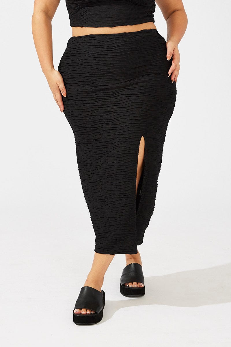 Black Wavy Texture Bodycon Split Skirt for YouandAll Fashion