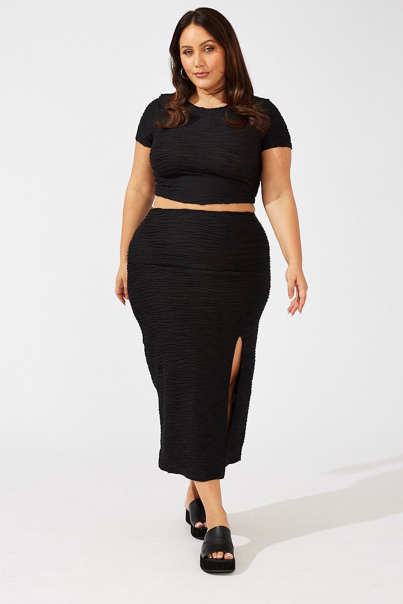 Black Wavy Texture Bodycon Split Skirt for YouandAll Fashion