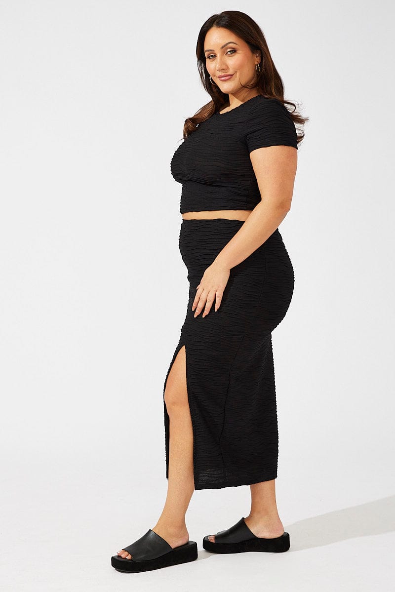 Black Wavy Texture Bodycon Split Skirt for YouandAll Fashion