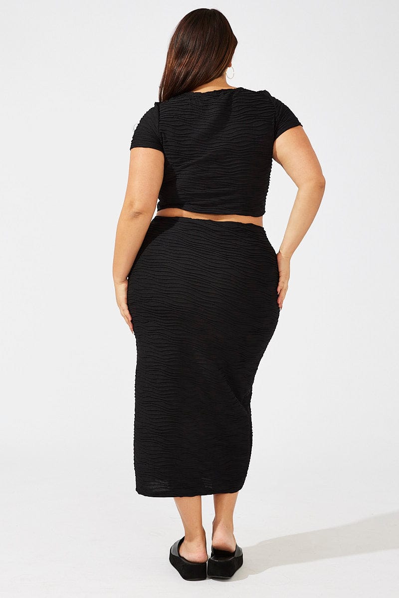 Black Wavy Texture Bodycon Split Skirt for YouandAll Fashion