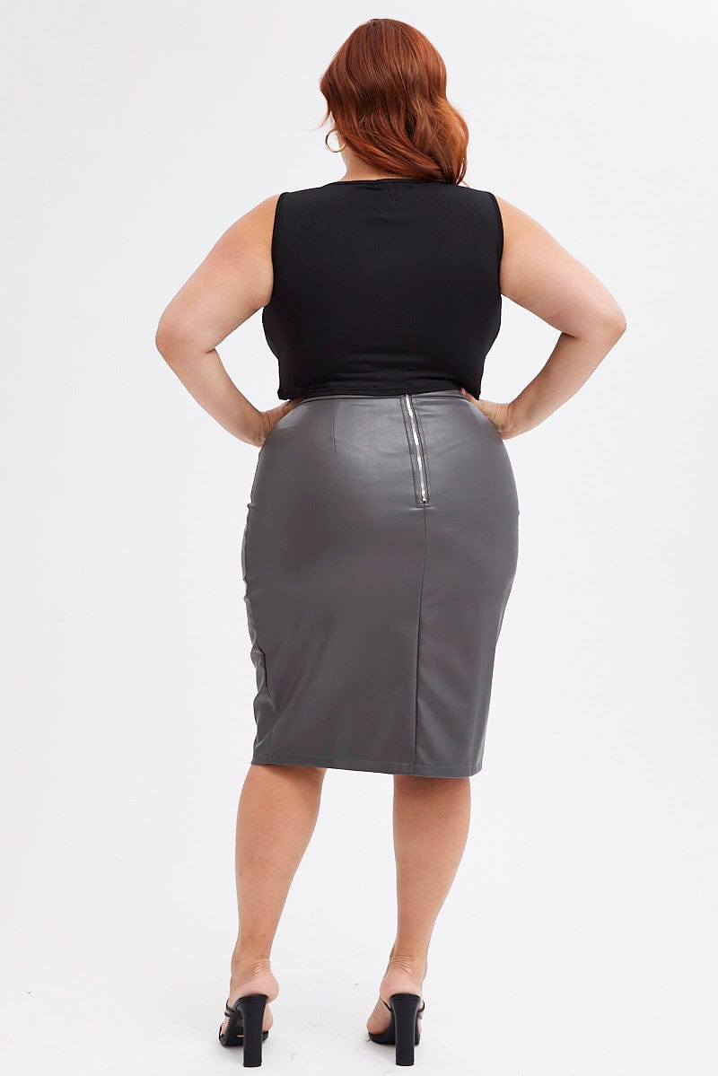 Grey Split Skirt Midi Faux Leather for YouandAll Fashion