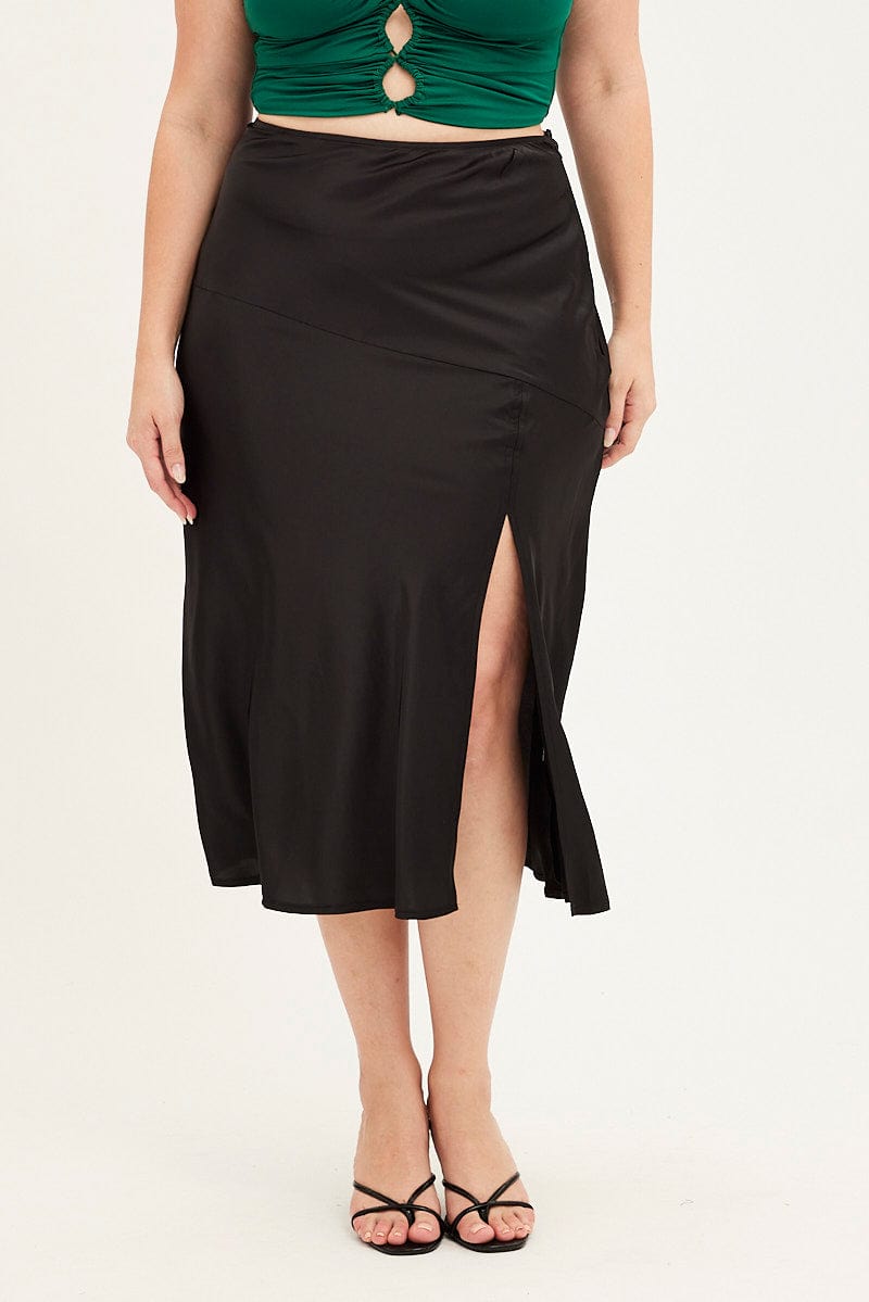 Black Midi Skirt High Waist Split Satin for YouandAll Fashion