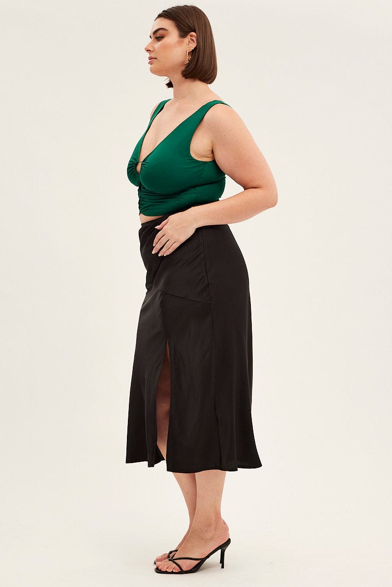 Black Midi Skirt High Waist Split Satin for YouandAll Fashion