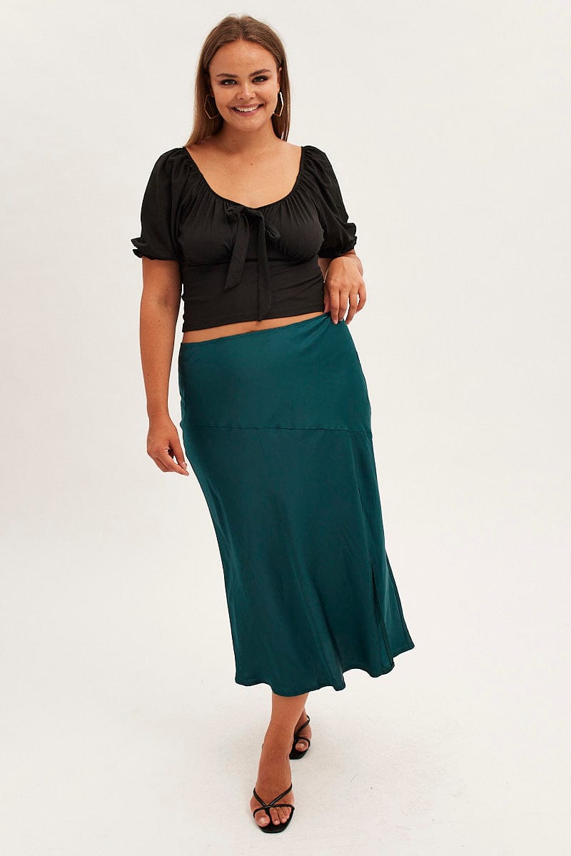 Green Midi Skirt High Waist Split Satin for YouandAll Fashion