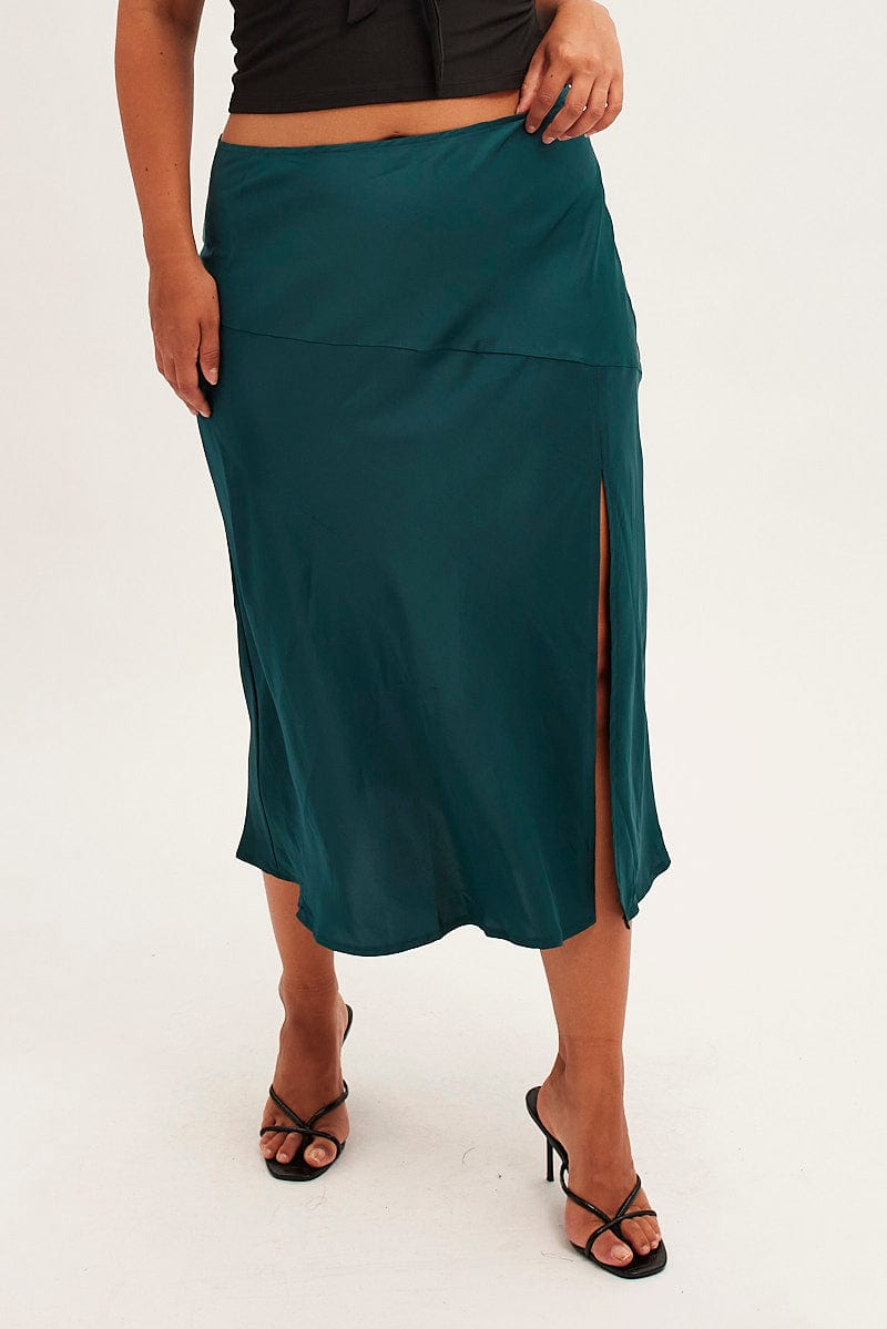 Green Midi Skirt High Waist Split Satin for YouandAll Fashion