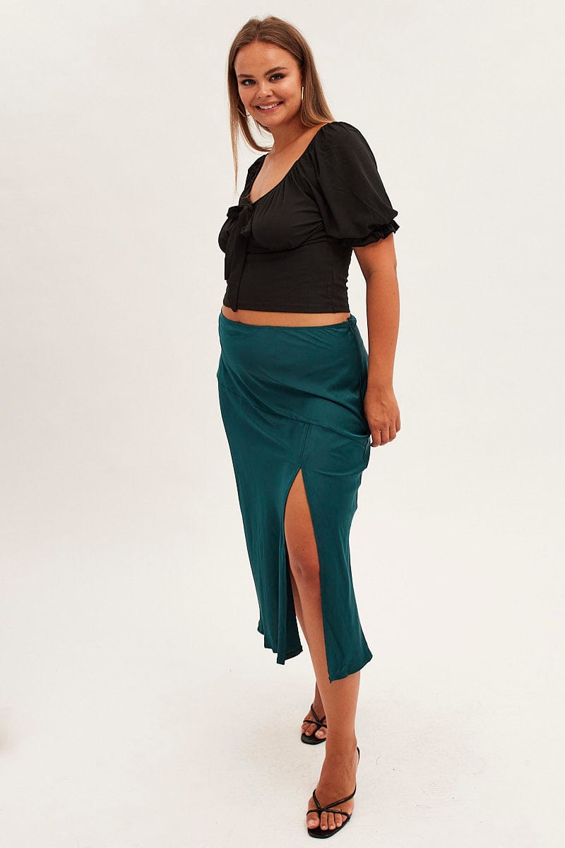 Green Midi Skirt High Waist Split Satin for YouandAll Fashion