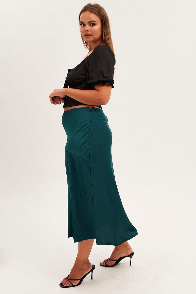 Green Midi Skirt High Waist Split Satin for YouandAll Fashion