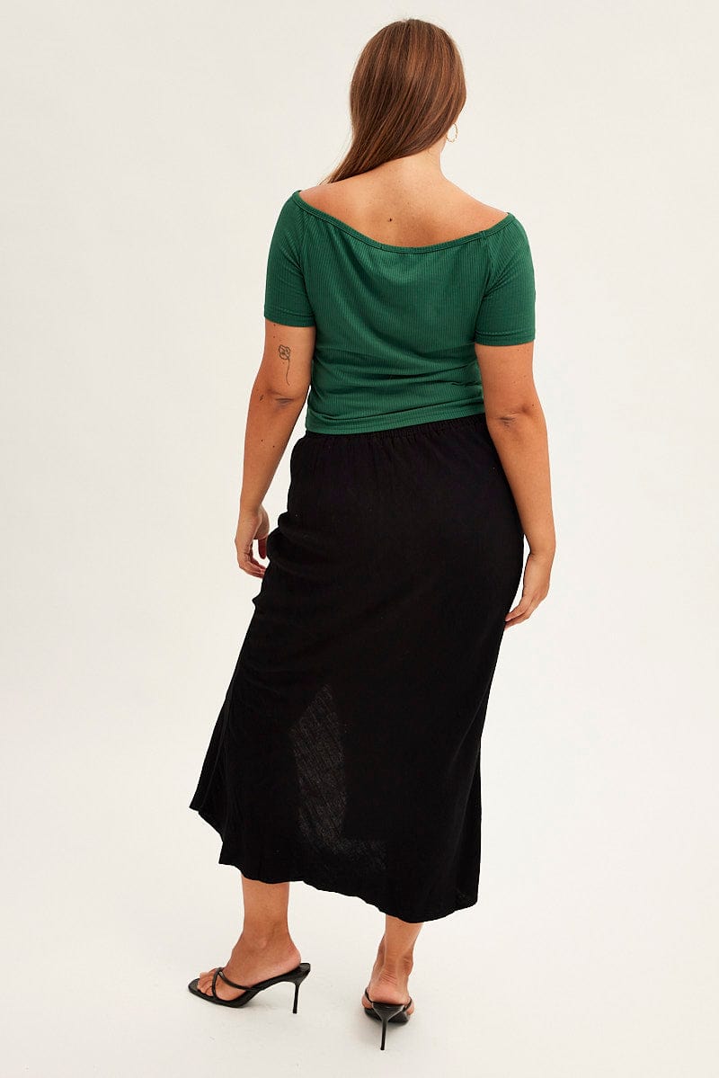 BLACK Midi Skirt Elastic Waist Split Side Linen Blend for YouandAll Fashion