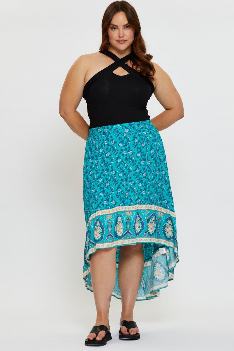 Boho Prt Midi Skirt High-Low For Women By You And All