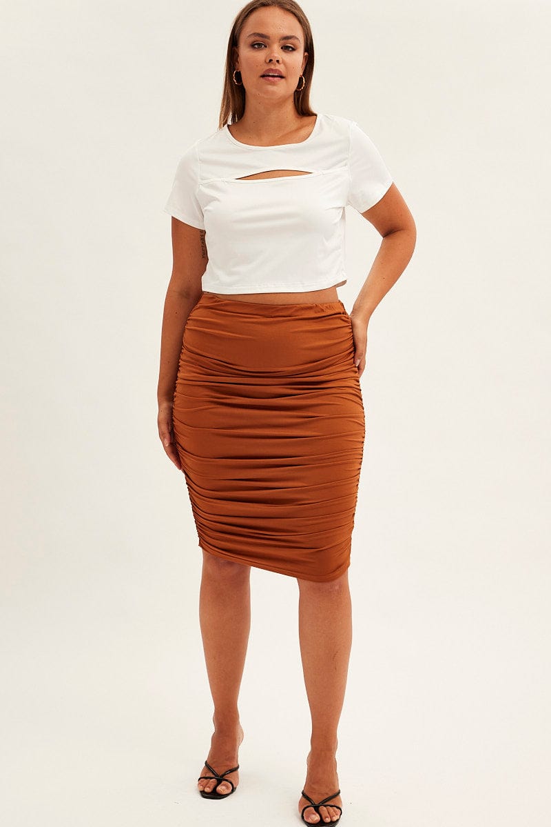 Brown Bodycon Skirt High Waist Ruched Midi Jersey for YouandAll Fashion