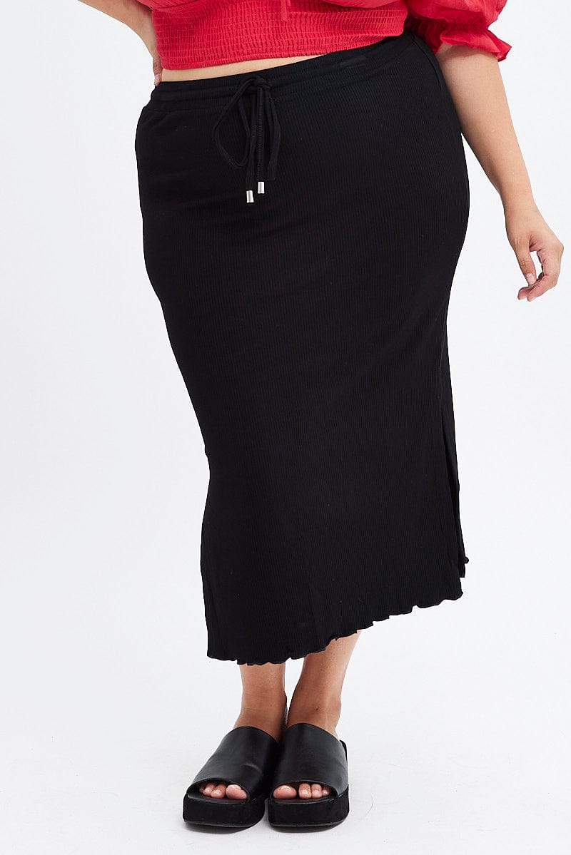 Black High Waist Side Slit Midi Jersey Skirt for YouandAll Fashion