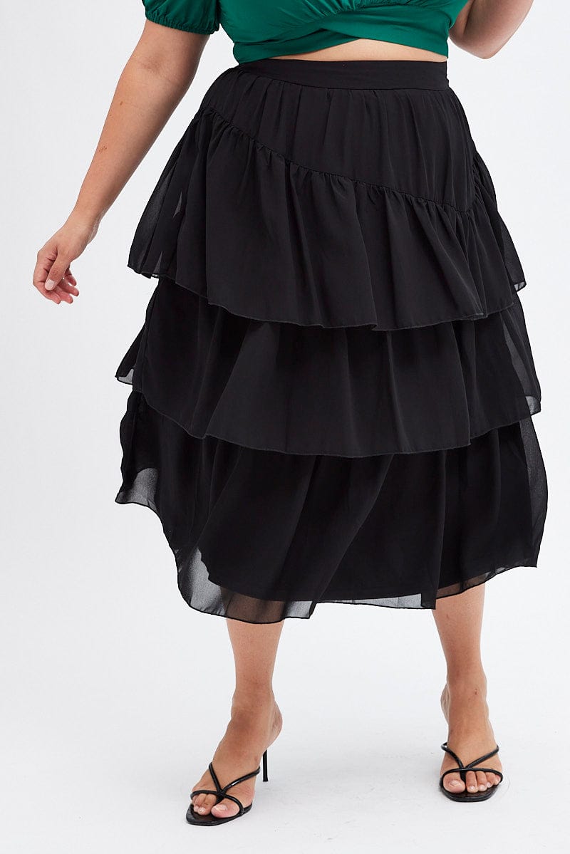 Black Midi Skirt Ruffle Hem for YouandAll Fashion