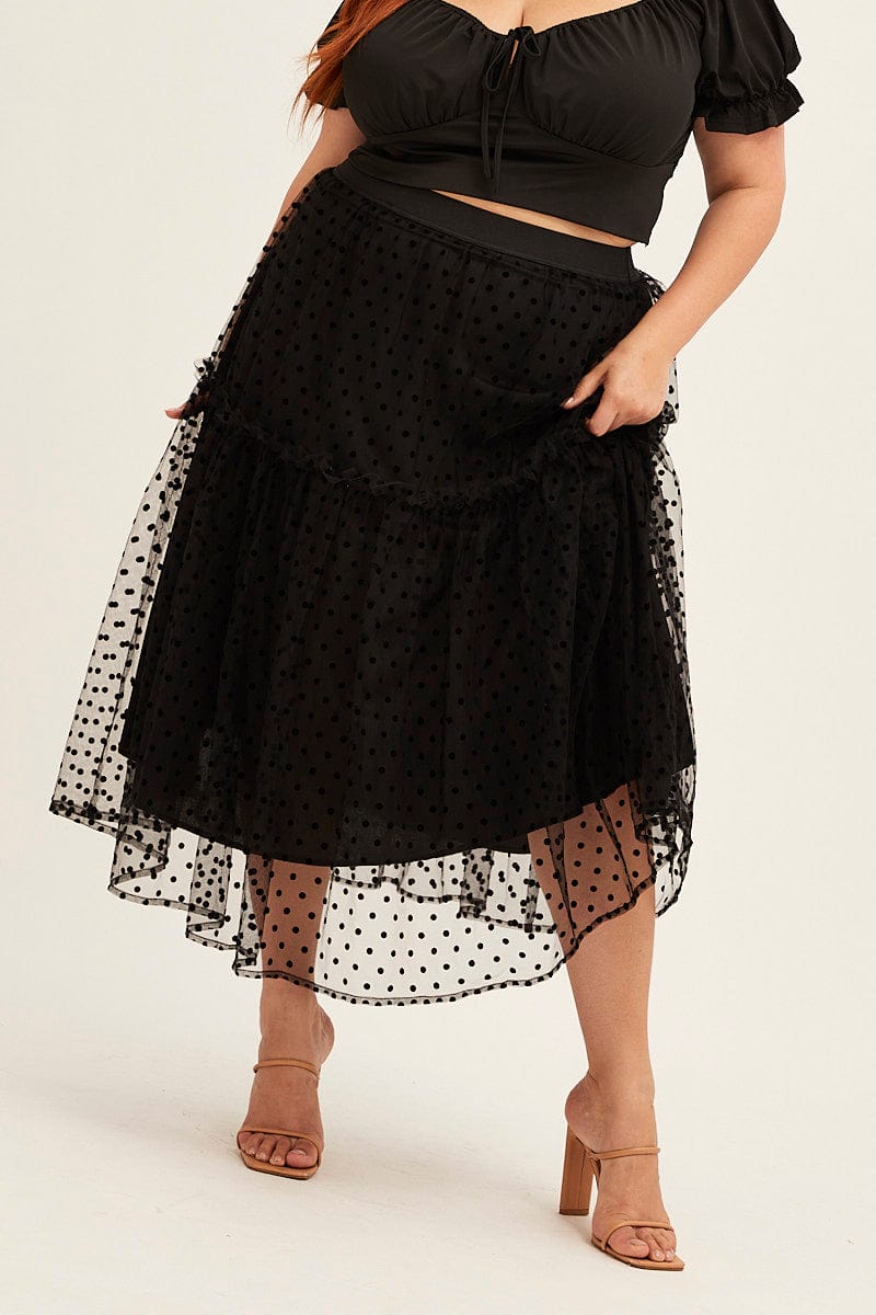 Polka Dot Midi Skirt Tulle Spot Elastic Waist Party