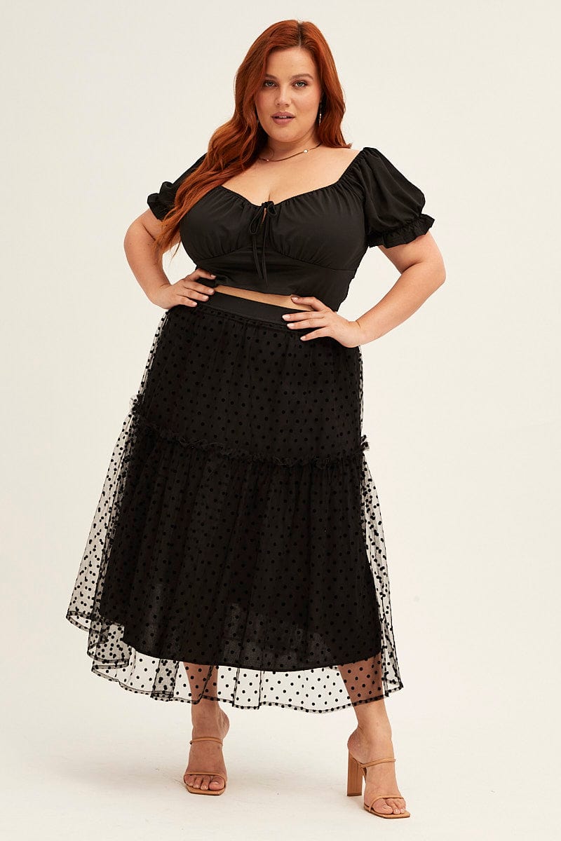 Polka Dot Midi Skirt Tulle Spot Elastic Waist Party