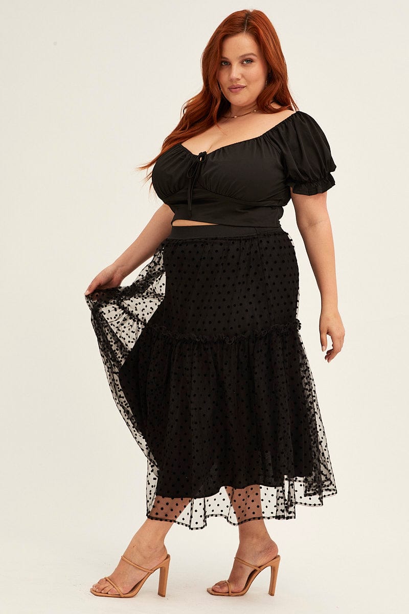 Polka Dot Midi Skirt Tulle Spot Elastic Waist Party