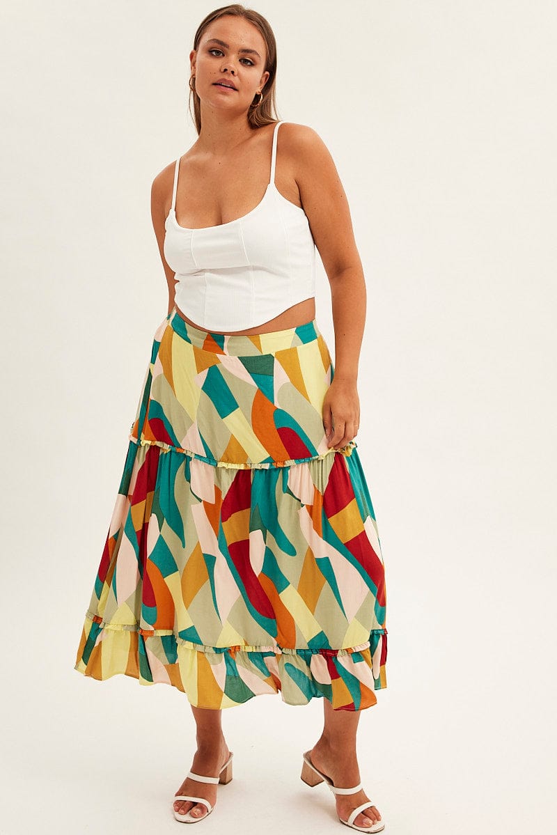 Print Midi Skirt Frill Detail Rayon for YouandAll Fashion