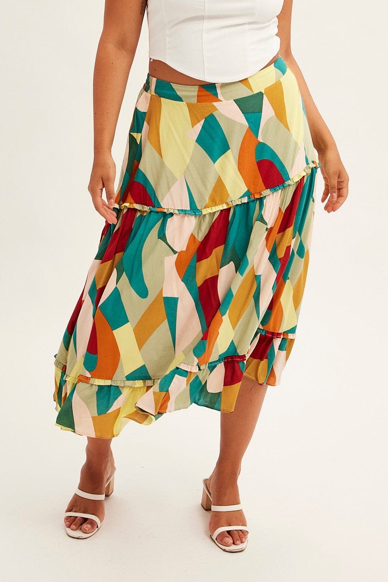 Print Midi Skirt Frill Detail Rayon for YouandAll Fashion
