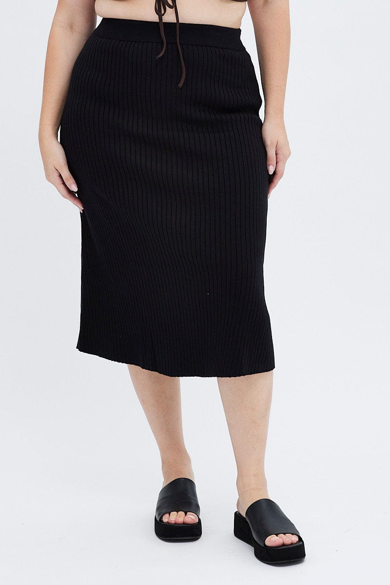 Black Knit Skirt Elastic Waist Midi Flare Rib You All