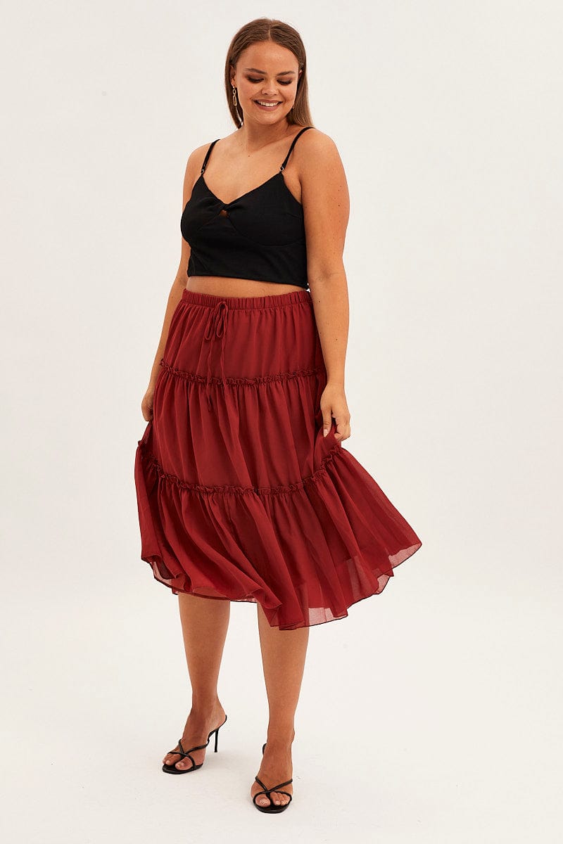 Brown Midi Skirt Elastic Waist Chiffon Frill for YouandAll Fashion