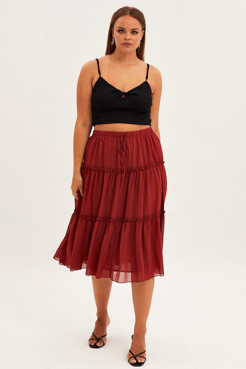 Brown Midi Skirt Elastic Waist Chiffon Frill for YouandAll Fashion