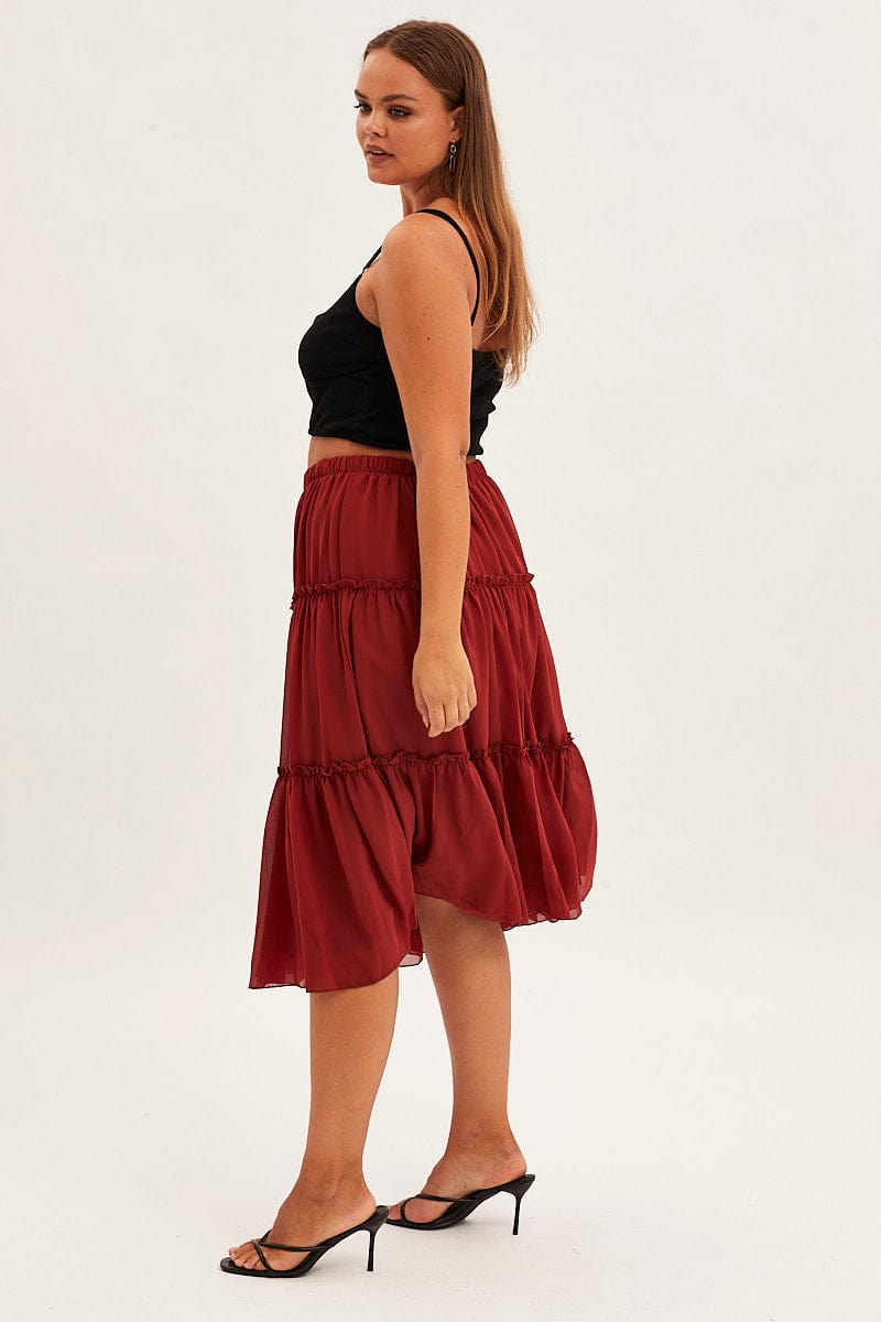 Brown Midi Skirt Elastic Waist Chiffon Frill for YouandAll Fashion