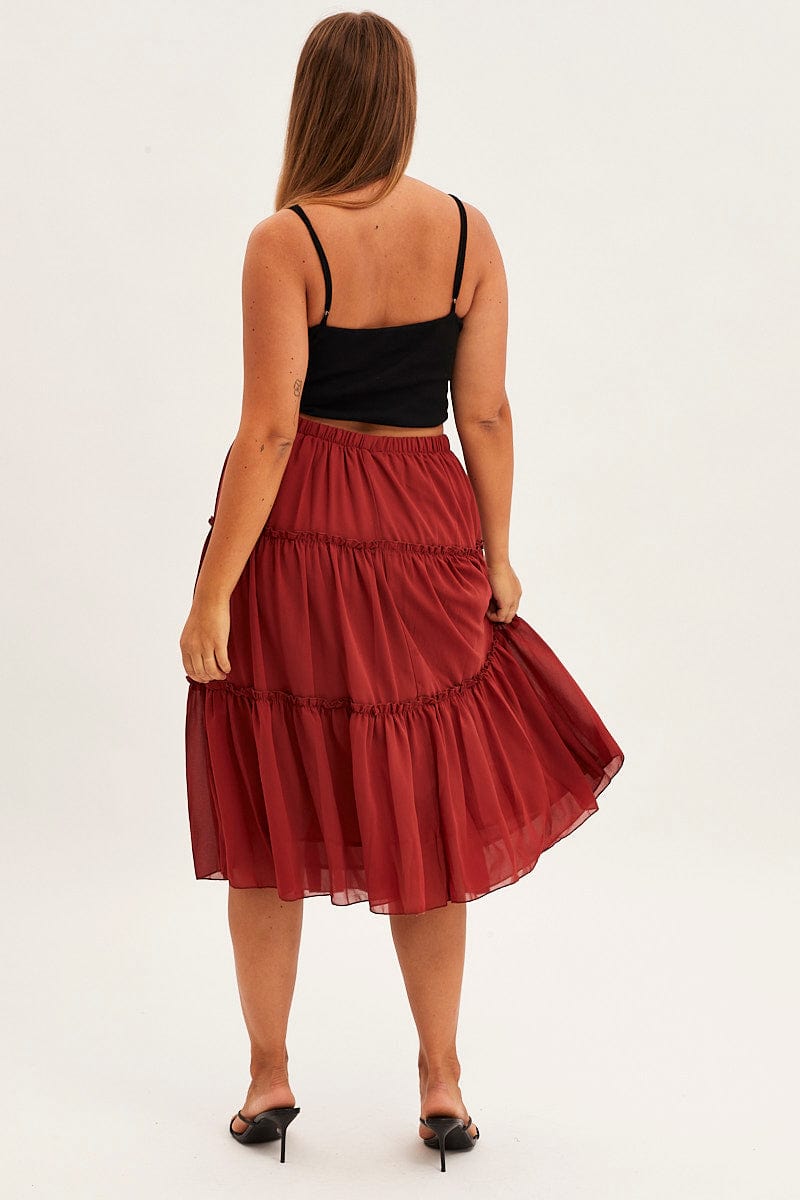 Brown Midi Skirt Elastic Waist Chiffon Frill for YouandAll Fashion