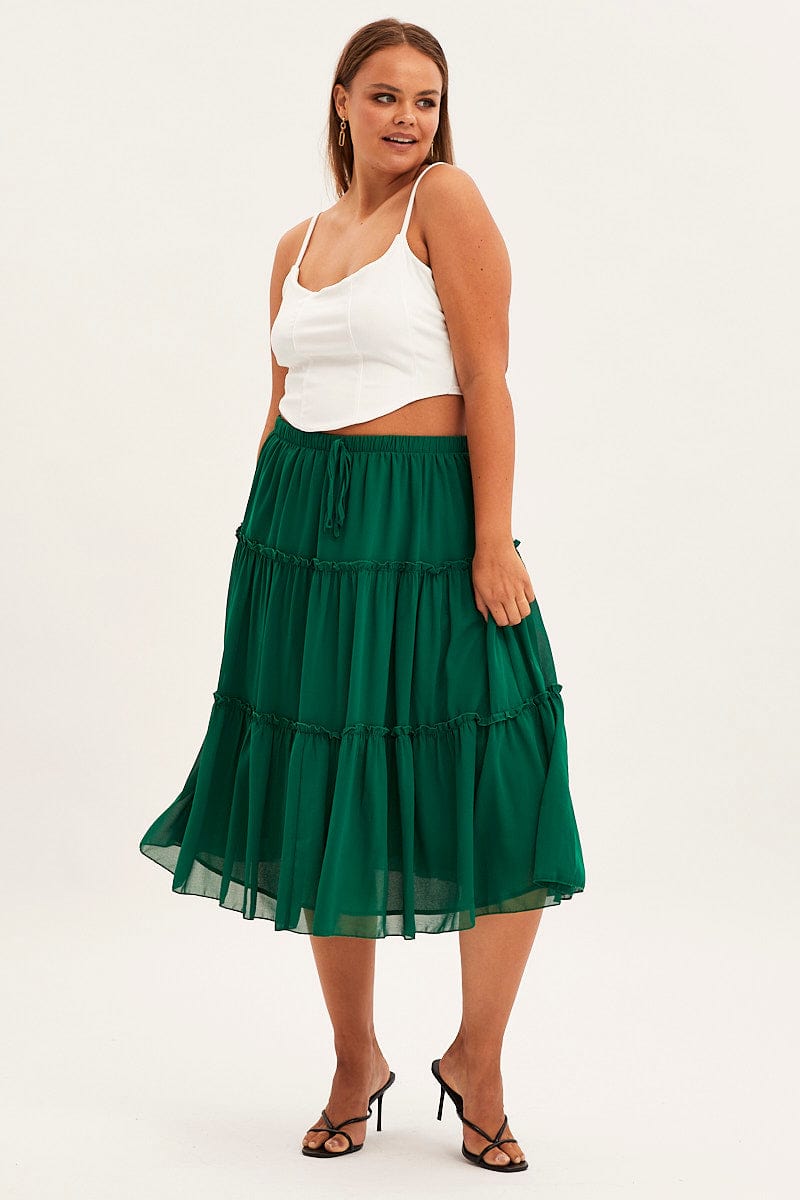 Green Midi Skirt Elastic Waist Chiffon Frill for YouandAll Fashion