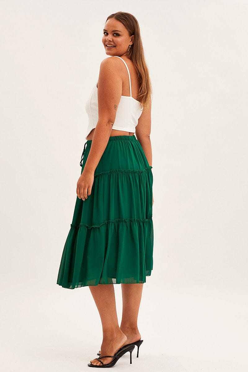 Green Midi Skirt Elastic Waist Chiffon Frill for YouandAll Fashion