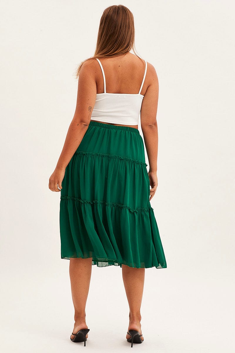 Green Midi Skirt Elastic Waist Chiffon Frill for YouandAll Fashion