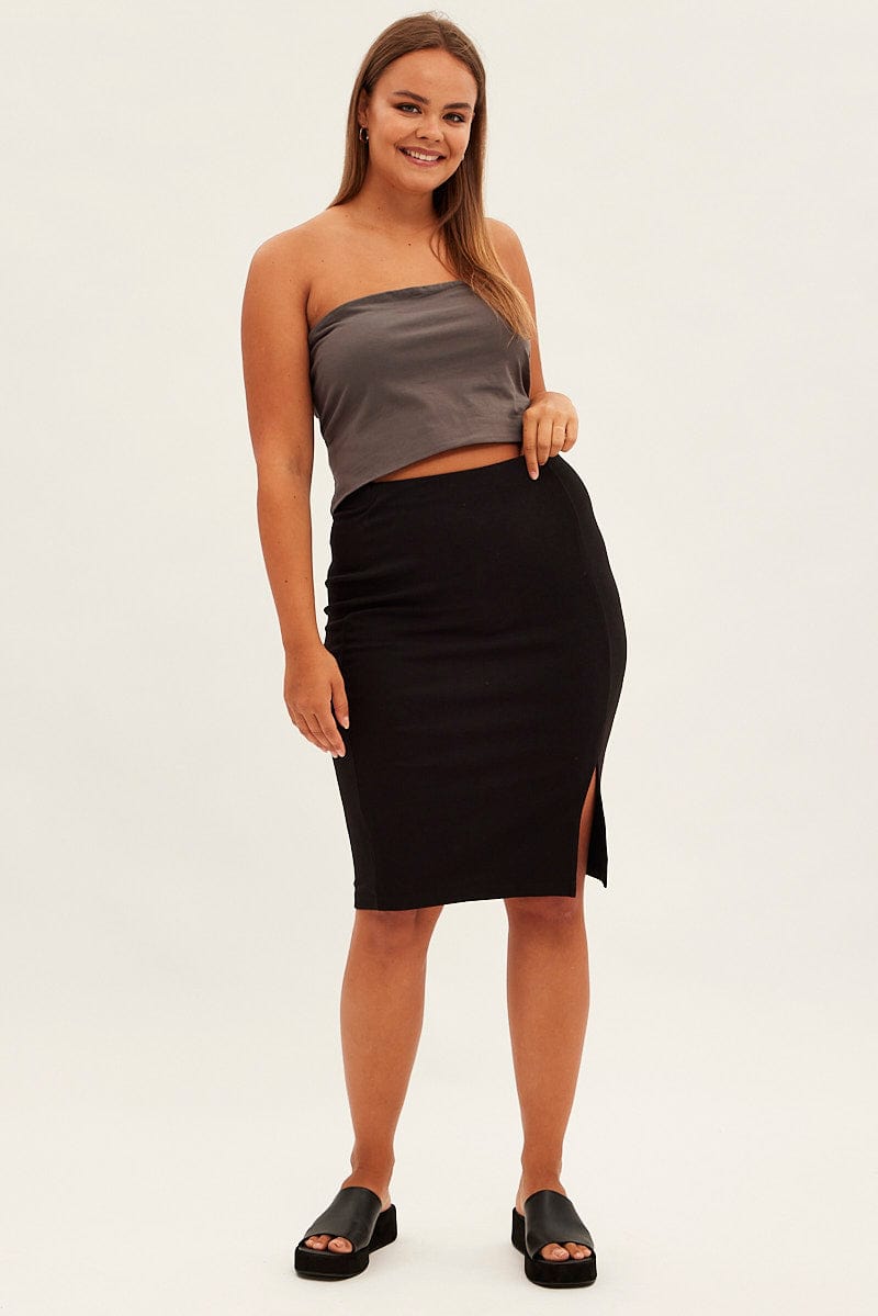 Black Midi Skirt Rib Textured Jersey Elastic Waist for YouandAll Fashion