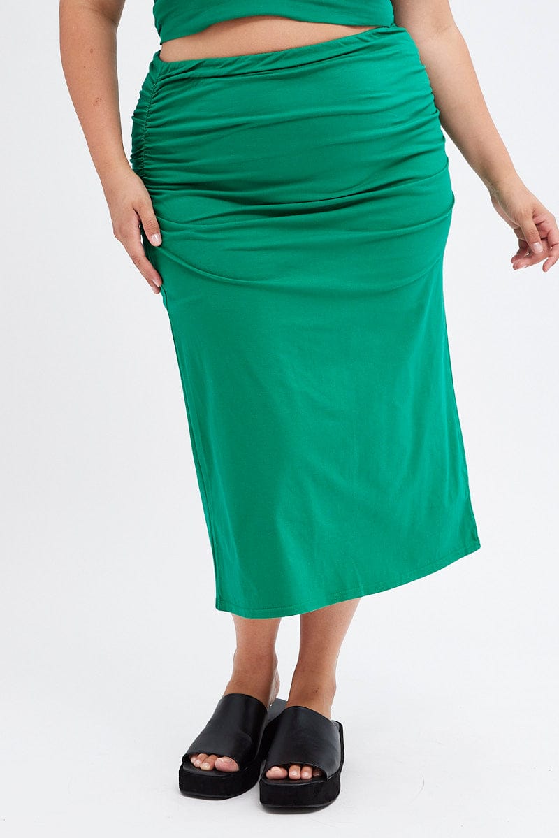 Green Midi Skirt Elastic Waist Gather Double Layer for YouandAll Fashion