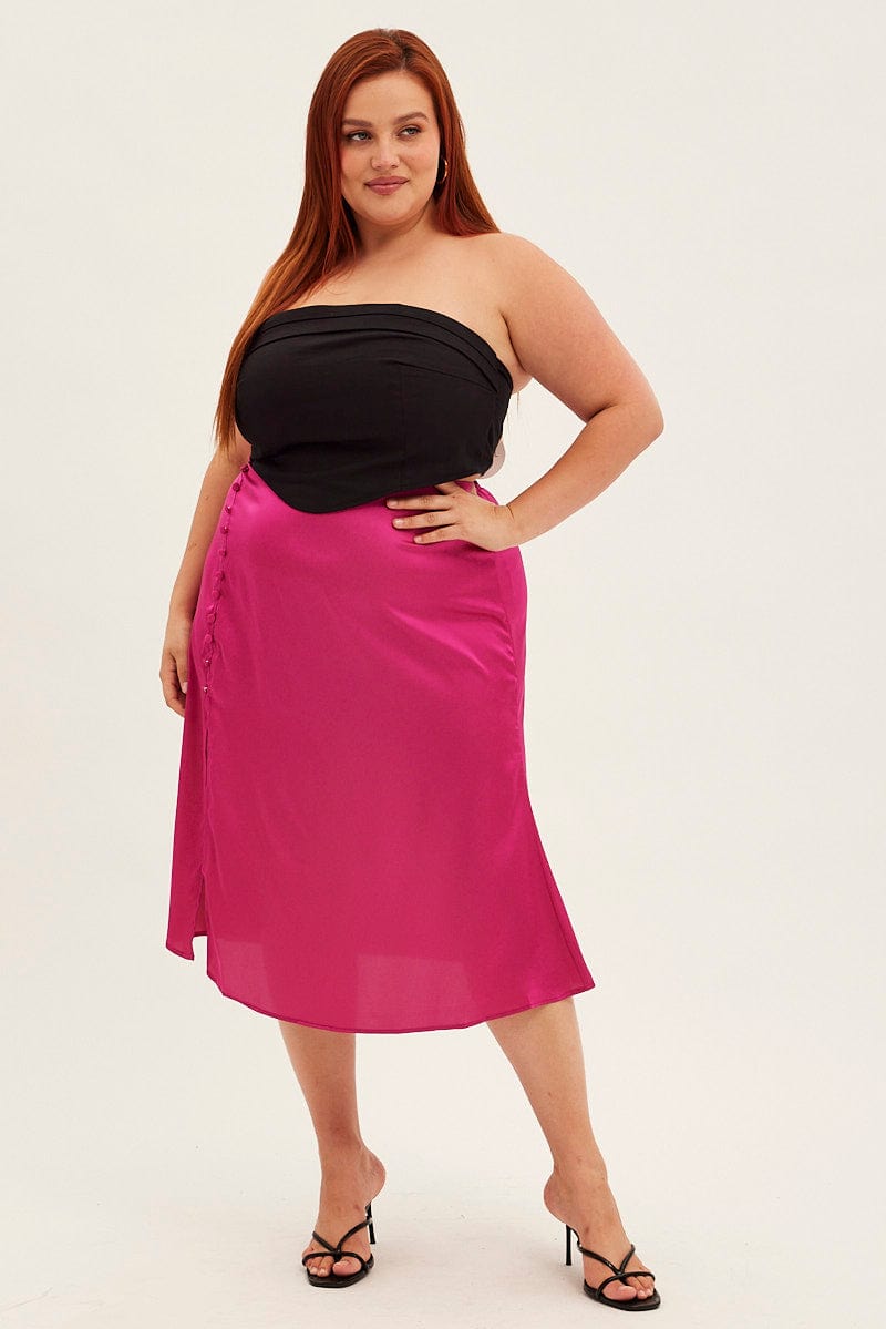 Pink Midi Skirt Satin Slip With Button Detail for YouandAll Fashion