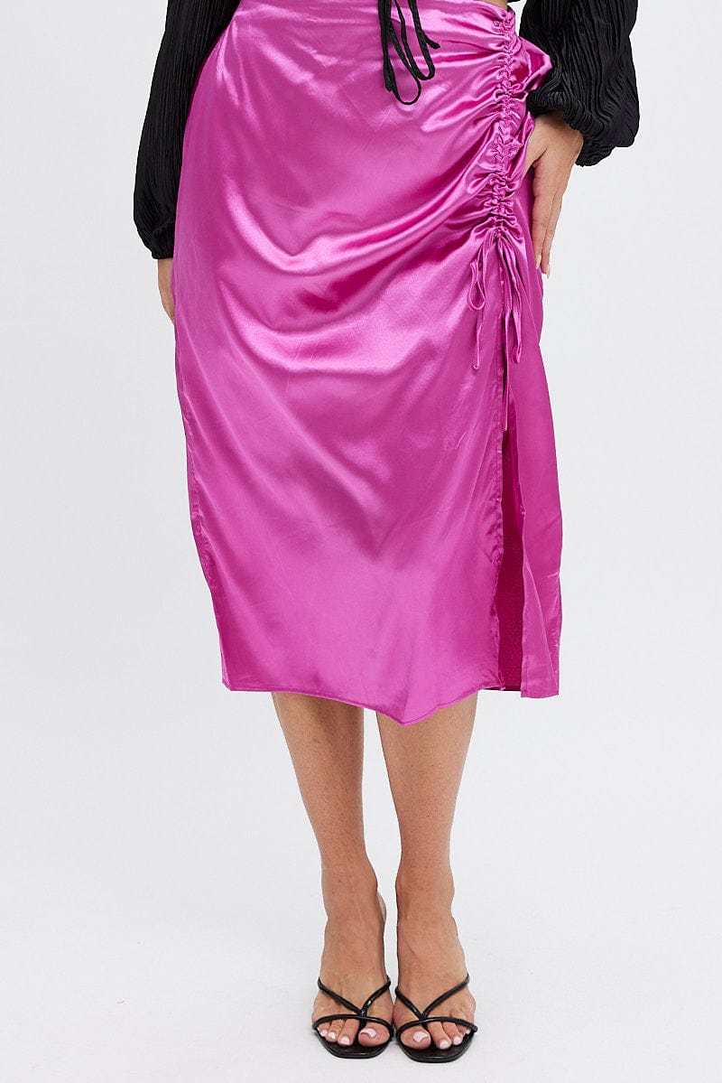 Pink Midi Skirt Drawstring Satin Split for YouandAll Fashion