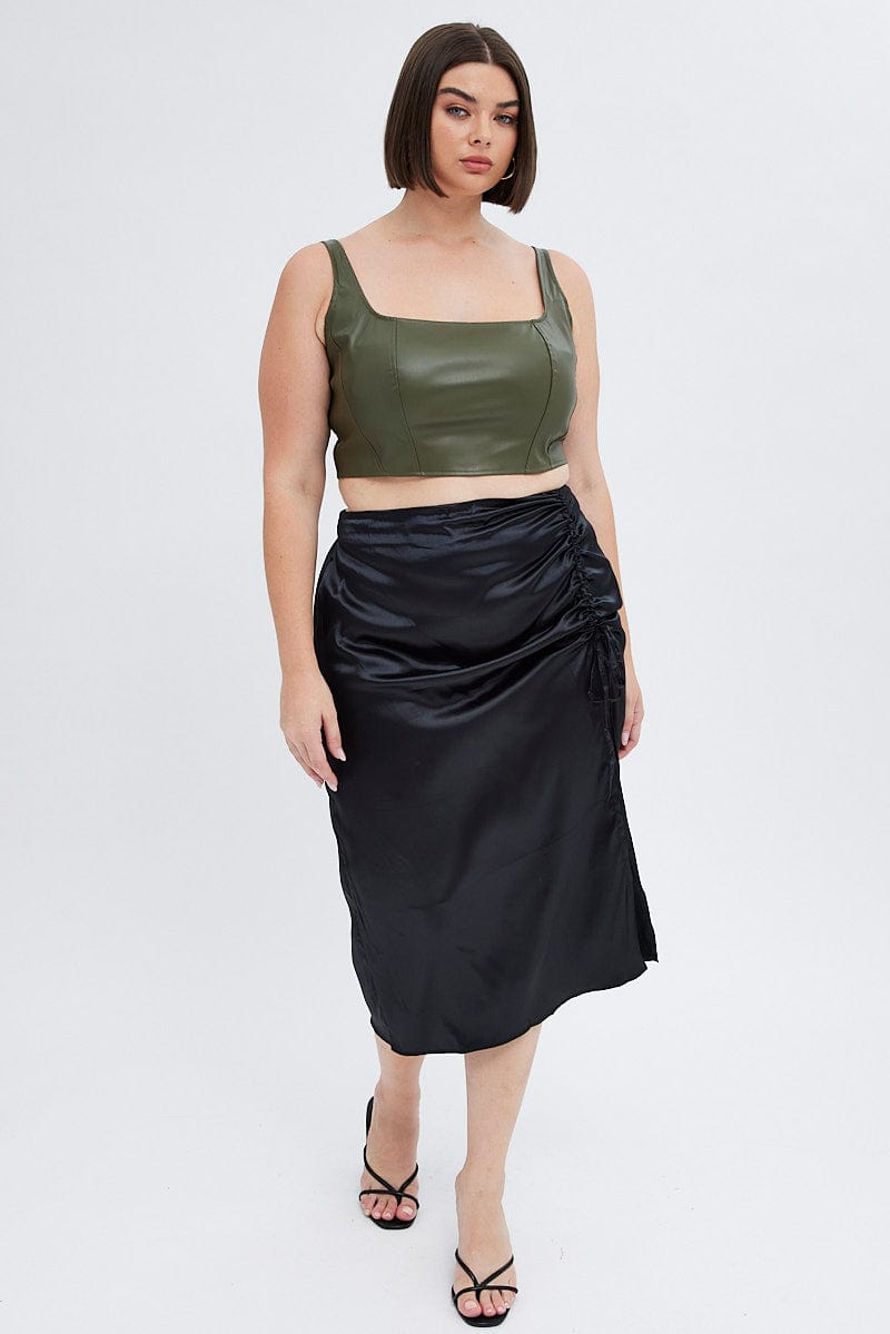 Black Midi Skirt Drawstring Satin Split for YouandAll Fashion